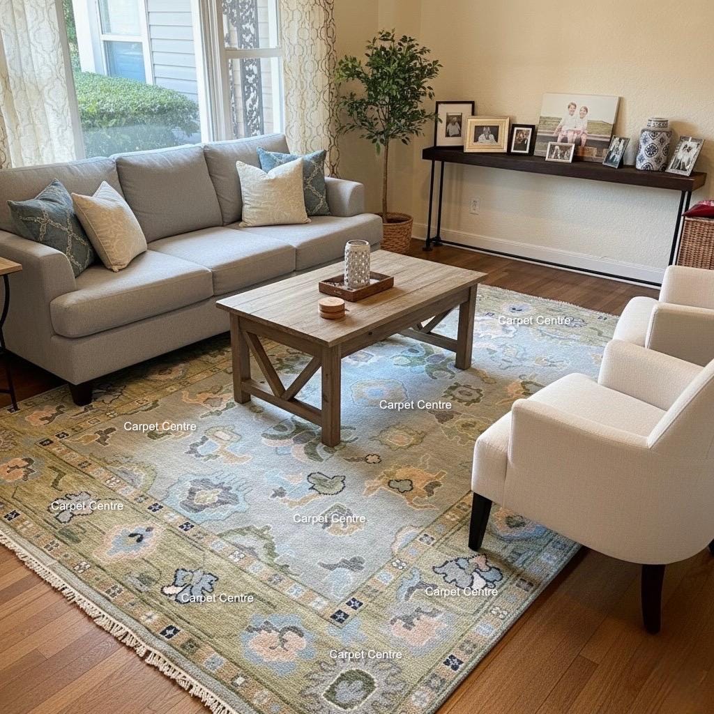 8x10 Hand-Knotted Wool Oushak Rug, Sage Green Border, Modern Traditional Floral