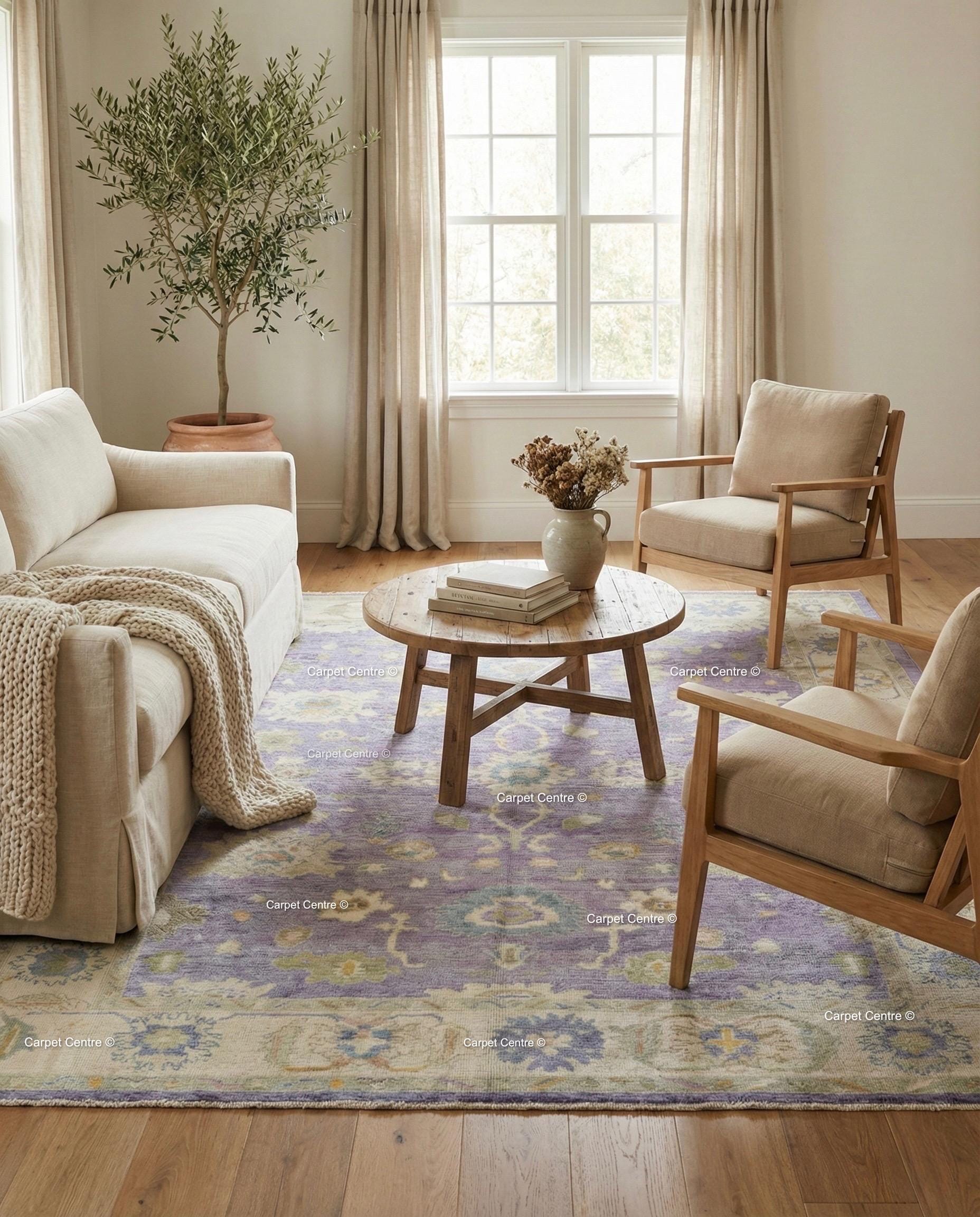 Hand-Knotted Wool Oushak Rug, Lavender Floral, Vintage Style