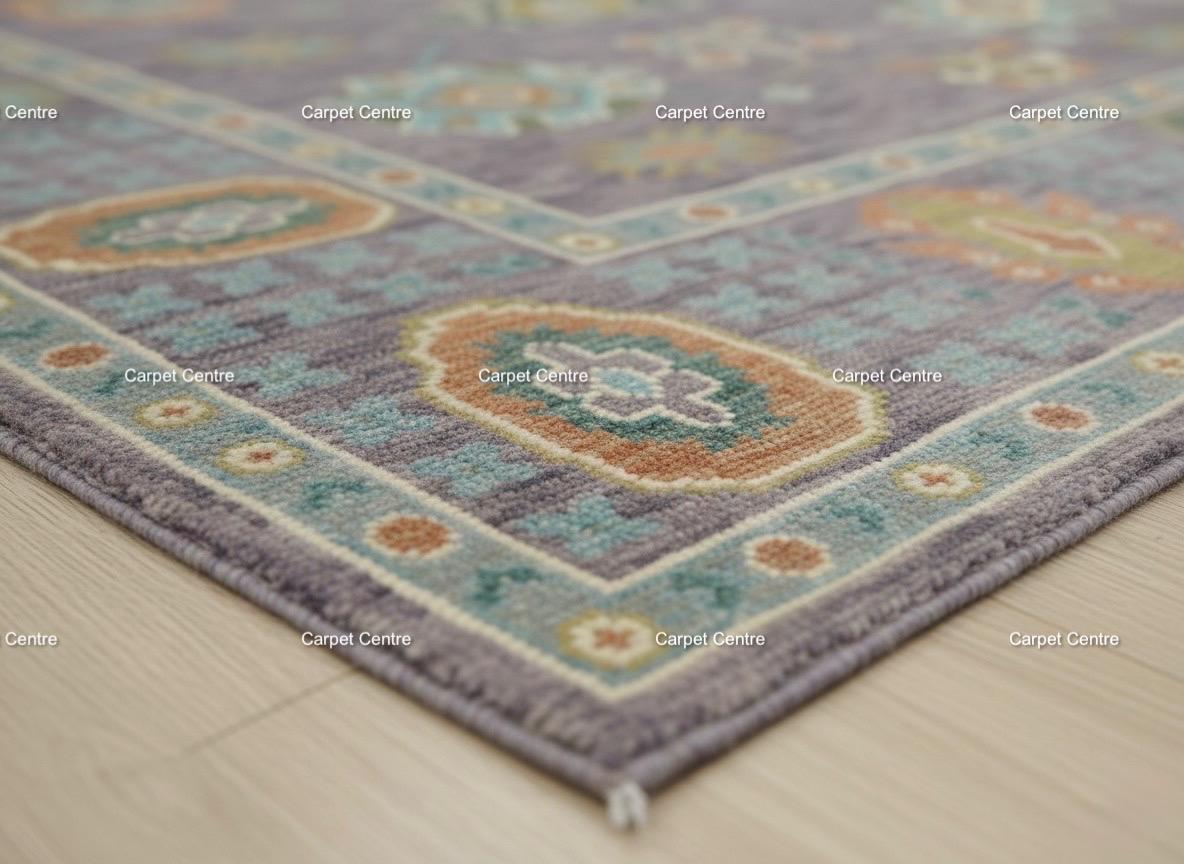 Hand-Knotted Oushak Wool Rug: Lilac Purple Folk Art Medallion