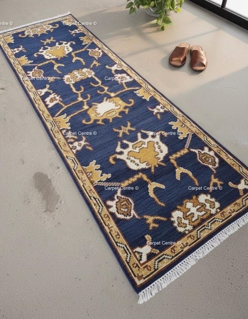 Navy Blue Oushak Runner Rug, Hand-Knotted Wool, Geometric Persian Style