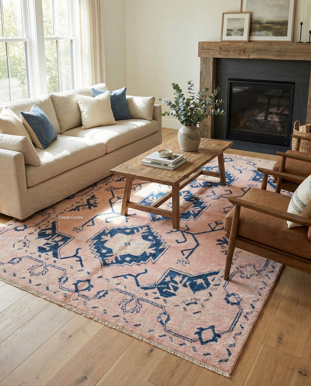 Blush Pink Wool Oushak Rug, Navy Geometric Medallion, Handmade Turkish Knot