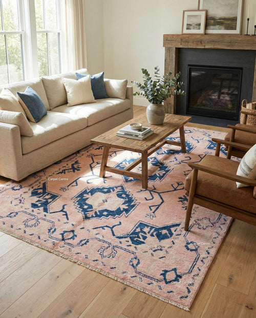 Blush Pink Wool Oushak Rug, Navy Geometric Medallion, Handmade Turkish Knot