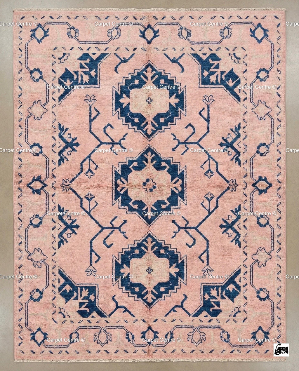 Blush Pink Wool Oushak Rug, Navy Geometric Medallion, Handmade Turkish Knot