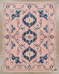 Blush Pink Wool Oushak Rug, Navy Geometric Medallion, Handmade Turkish Knot