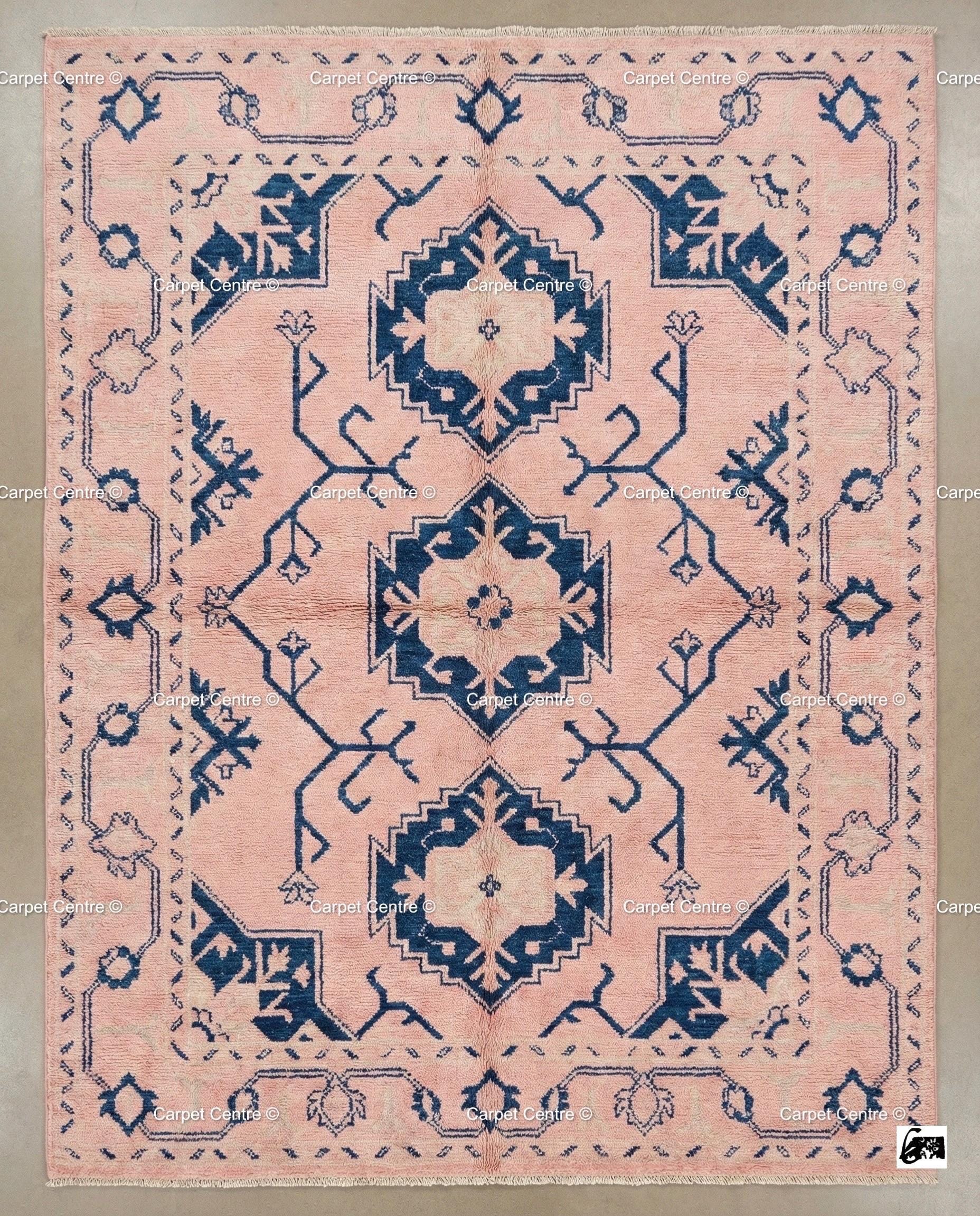 Blush Pink Wool Oushak Rug, Navy Geometric Medallion, Handmade Turkish Knot