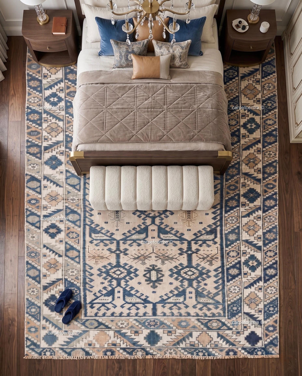 Vintage Oushak Rug | Geometric Anatolian Wool Carpet, Blue Cream Boho Tribal Area Rug
