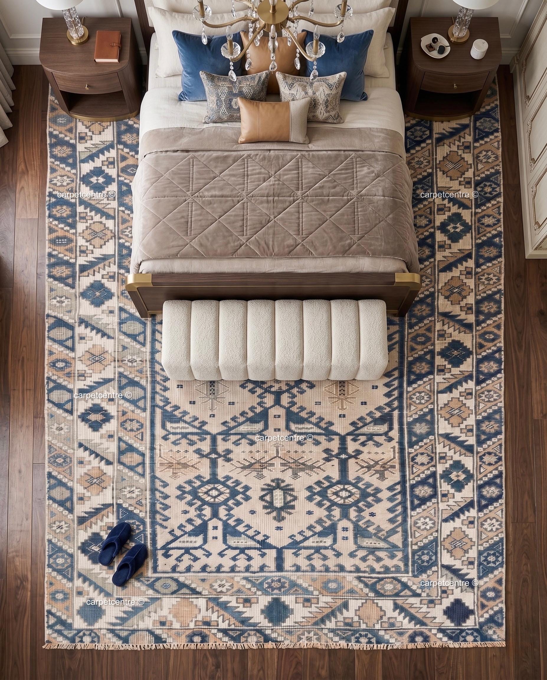 Vintage Oushak Rug | Geometric Anatolian Wool Carpet, Blue Cream Boho Tribal Area Rug