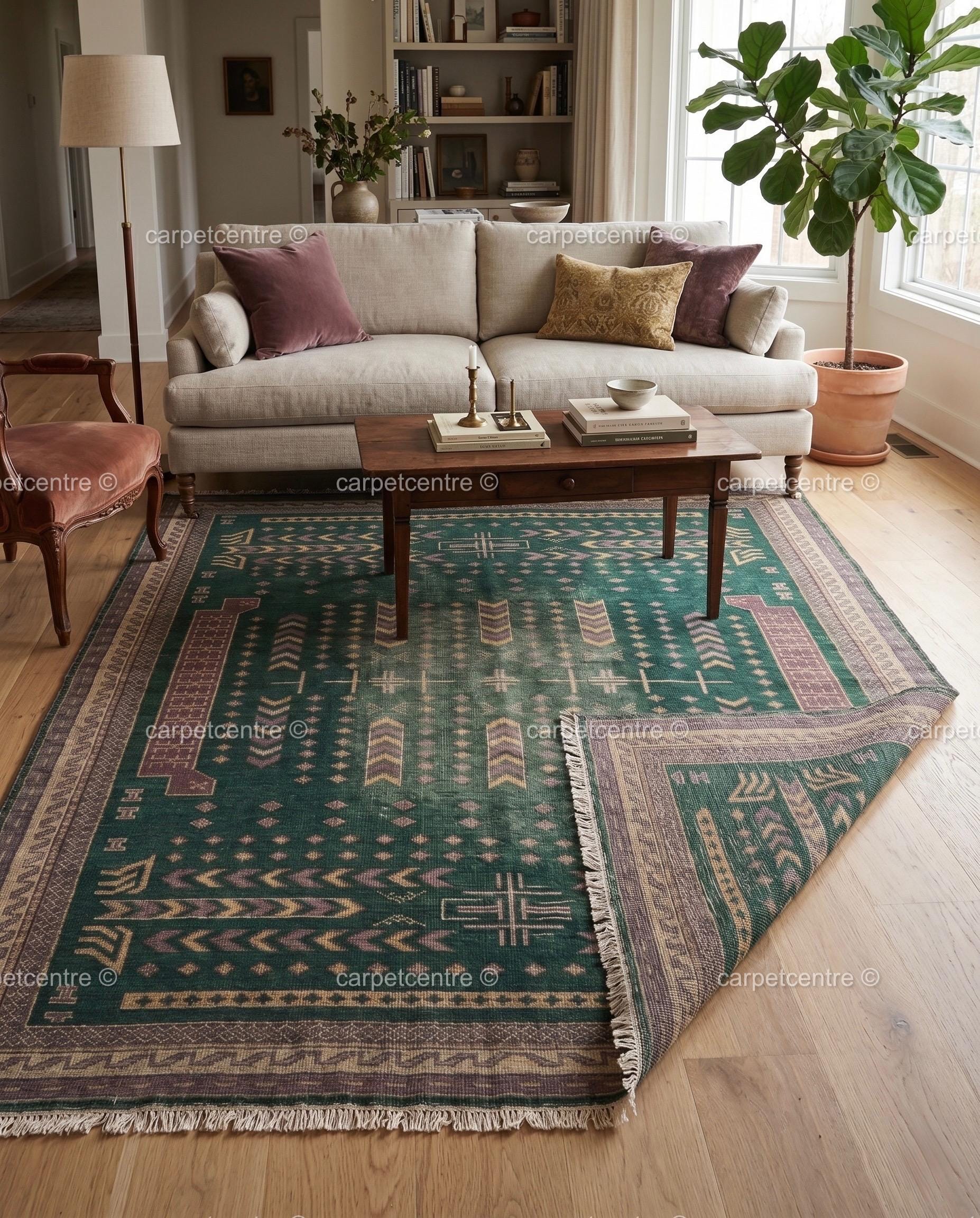 Vintage Oushak Rug | Emerald Geometric Wool Carpet | Distressed Tribal Boho Decor