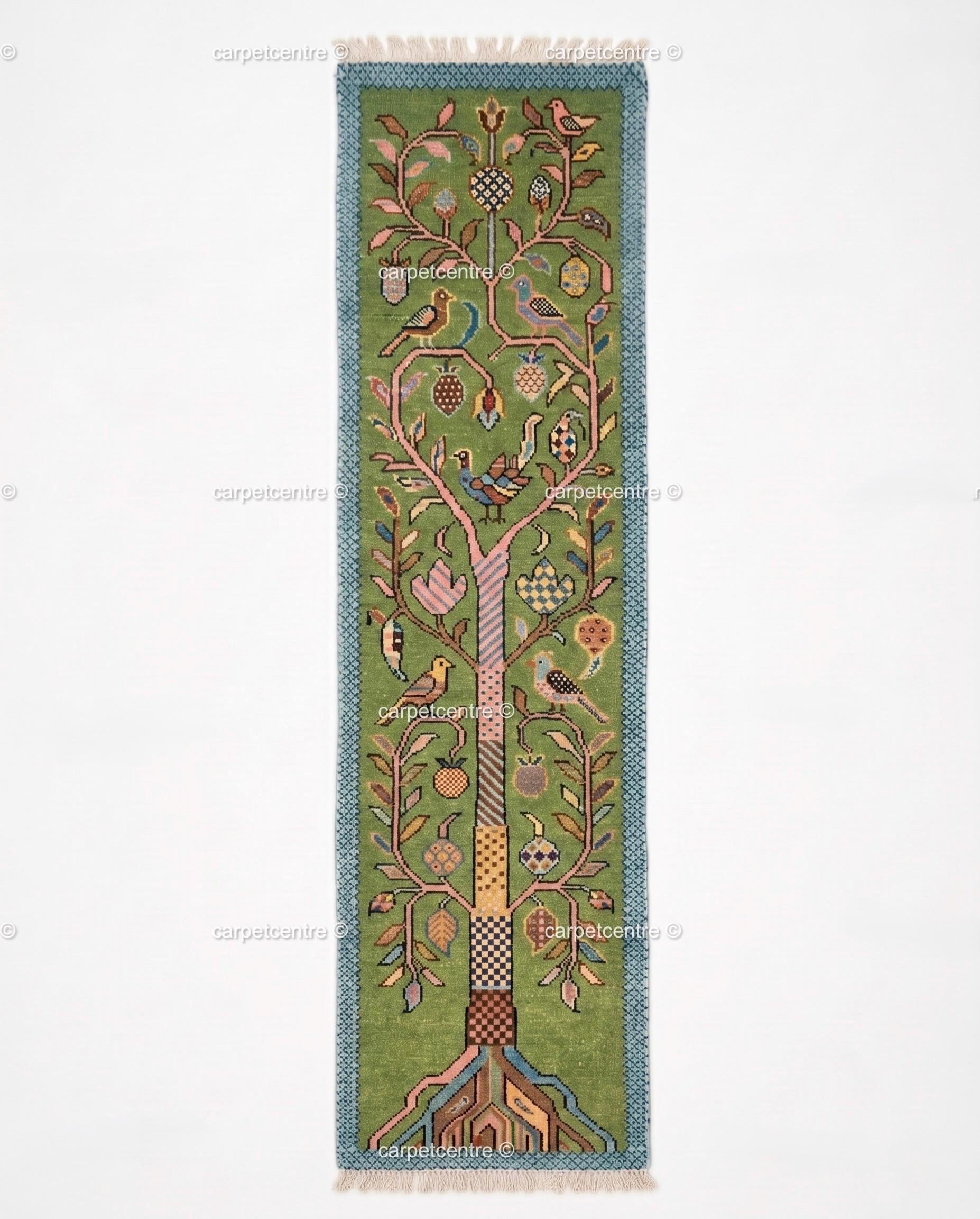 Handmade Wool Tree of Life Runner Rug: Colorful Botanical Hallway Carpet