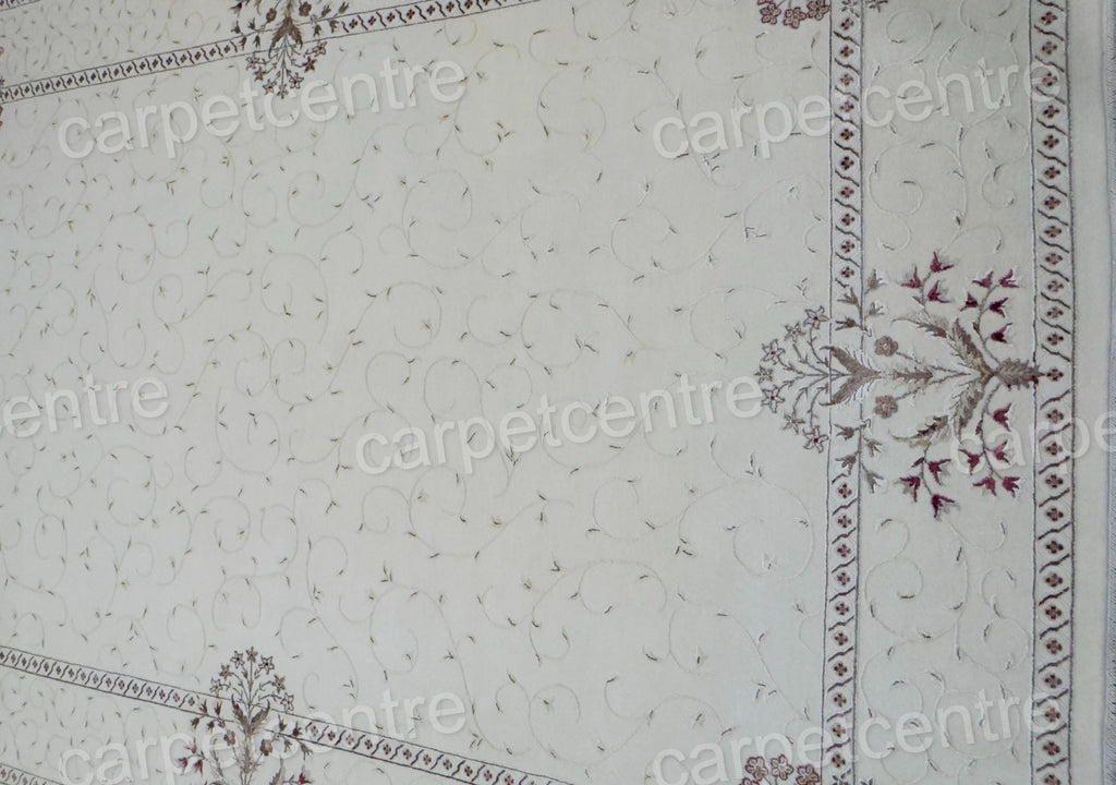 Handwoven Wool Art Silk Rug: Ivory Floral Border (11'3" x 8'3")