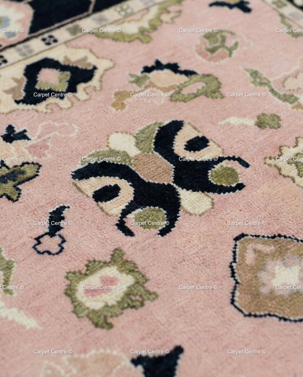 Hand Knotted Wool Oushak Rug, Blush Pink Geometric Floral, Black Border