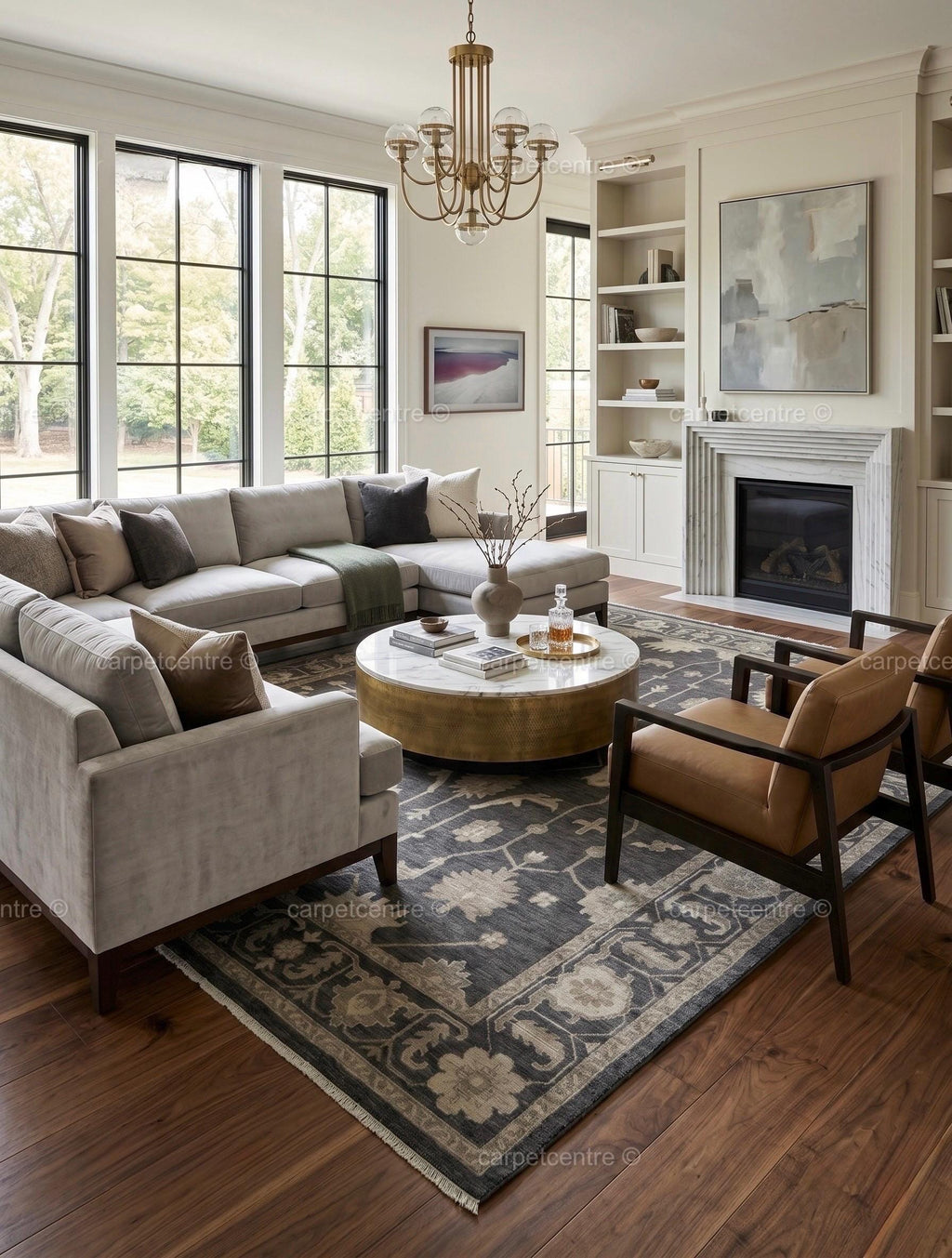 Hand Knotted Oushak Rug | Dark Grey Beige Floral Wool Turkish Area Rug