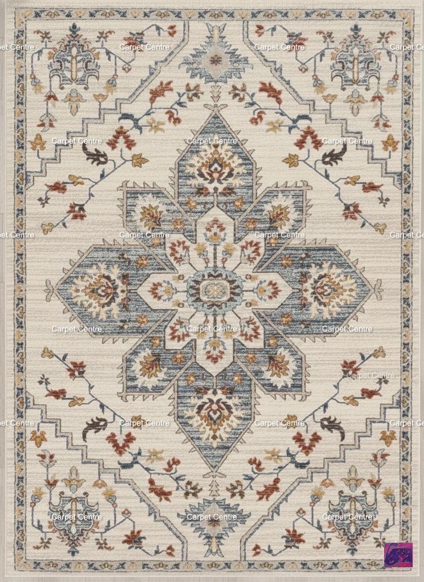 Hand-Knotted Wool Oushak Rug, Beige & Blue Medallion, Persian Style