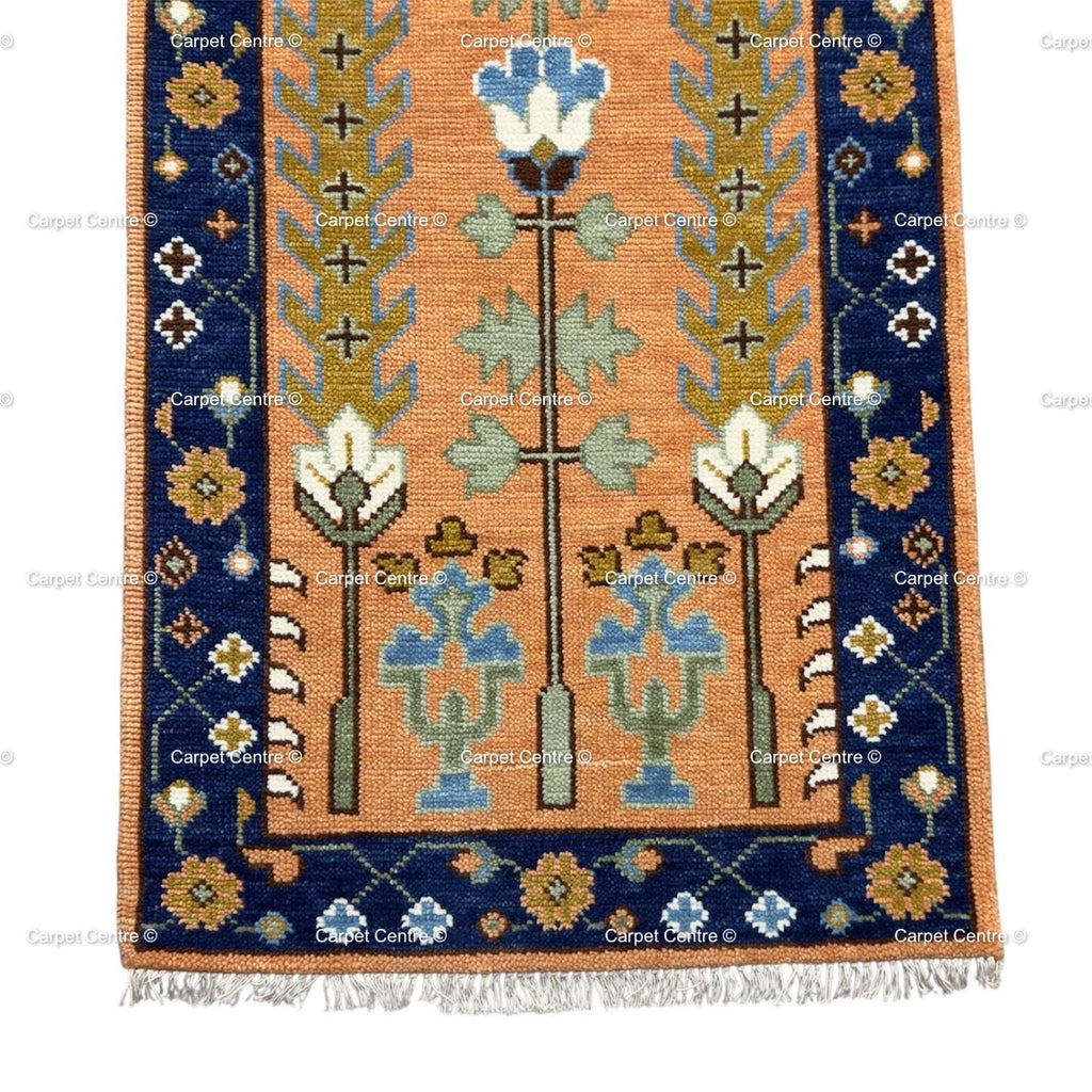 Hand-Knotted Terracotta Oushak Hallway Runner Rug, Handspun Wool Tree of Life, Navy Border