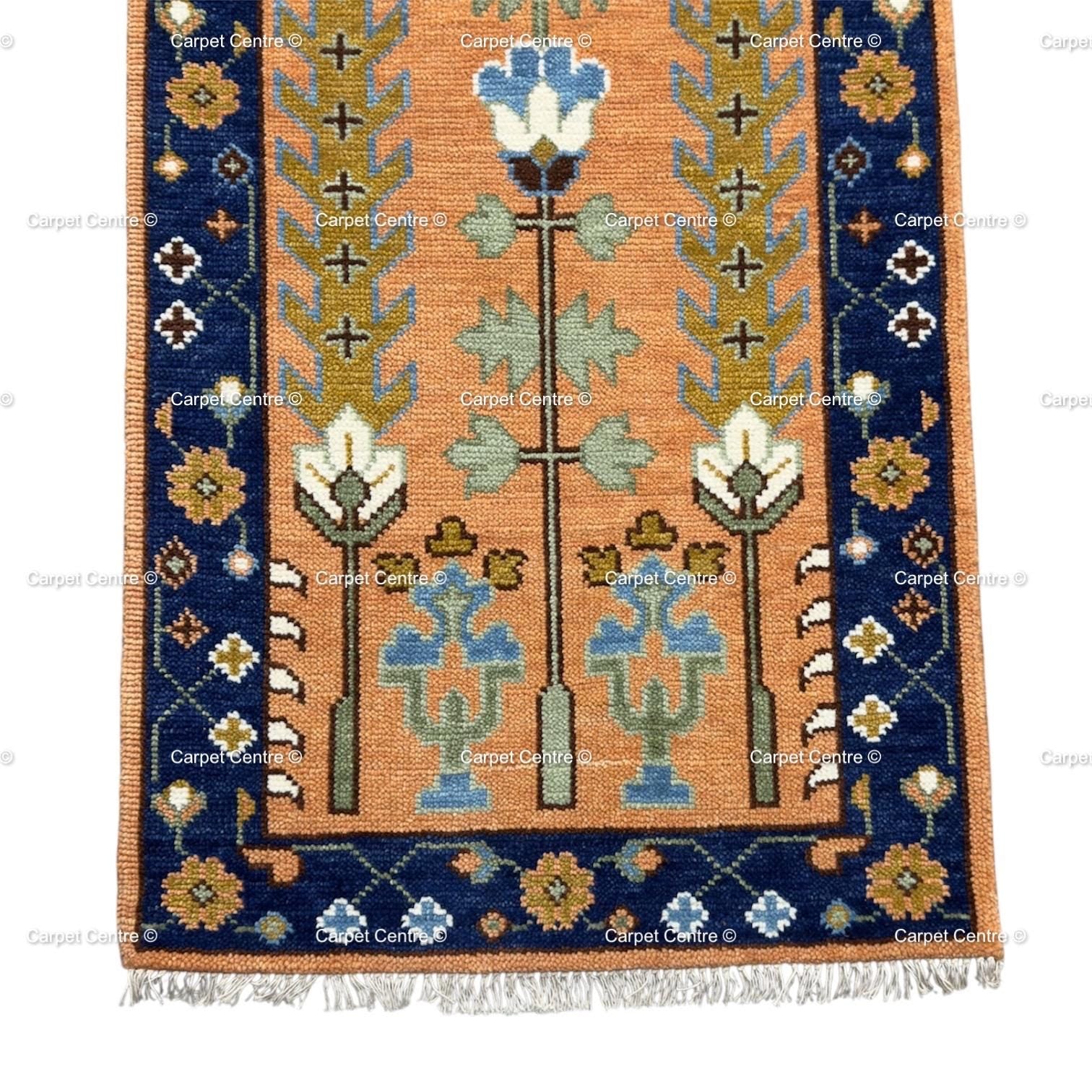Hand-Knotted Terracotta Oushak Hallway Runner Rug, Handspun Wool Tree of Life, Navy Border
