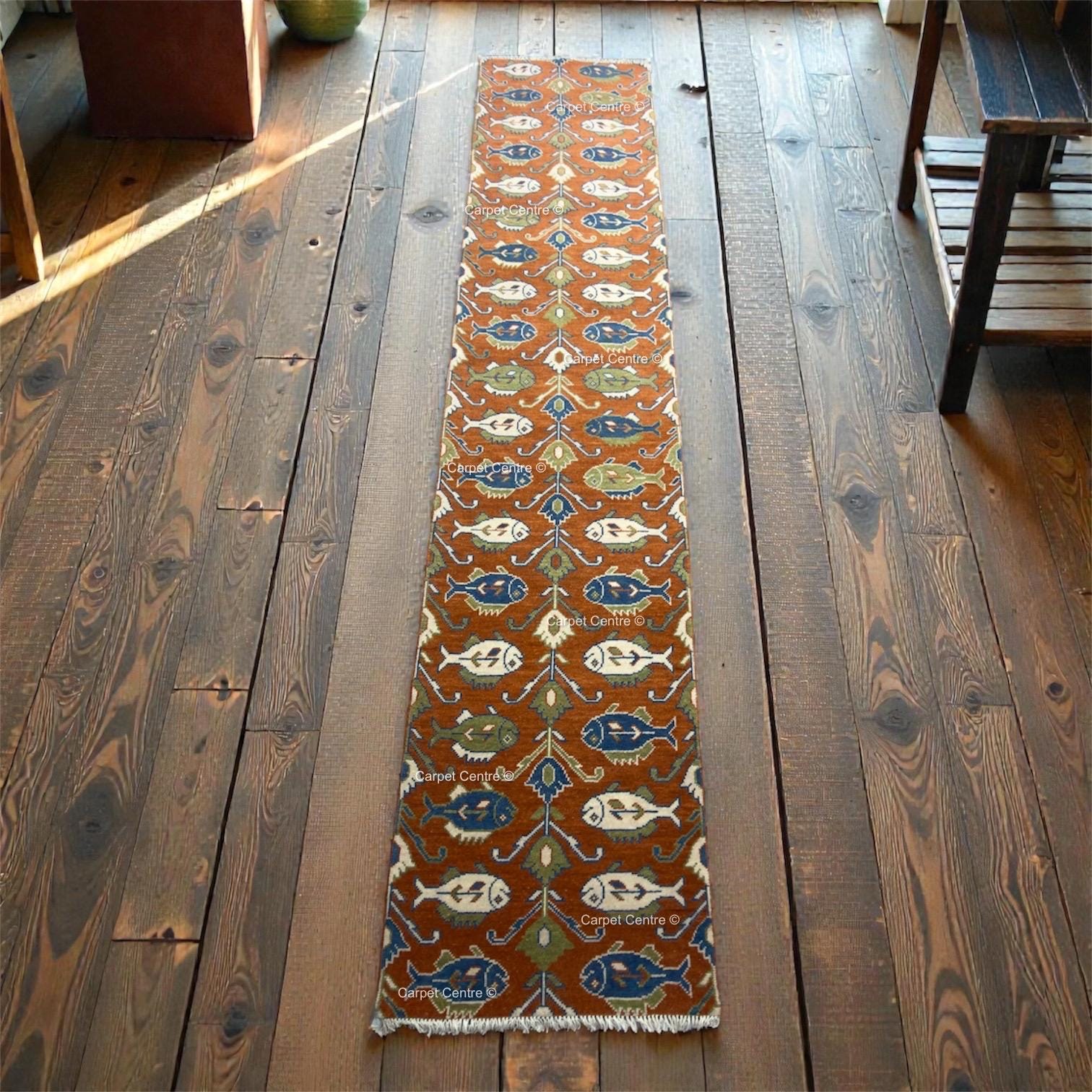 Hand-Knotted Turkish Oushak Runner Rug, Rust Fish Vintage Hallway Decor