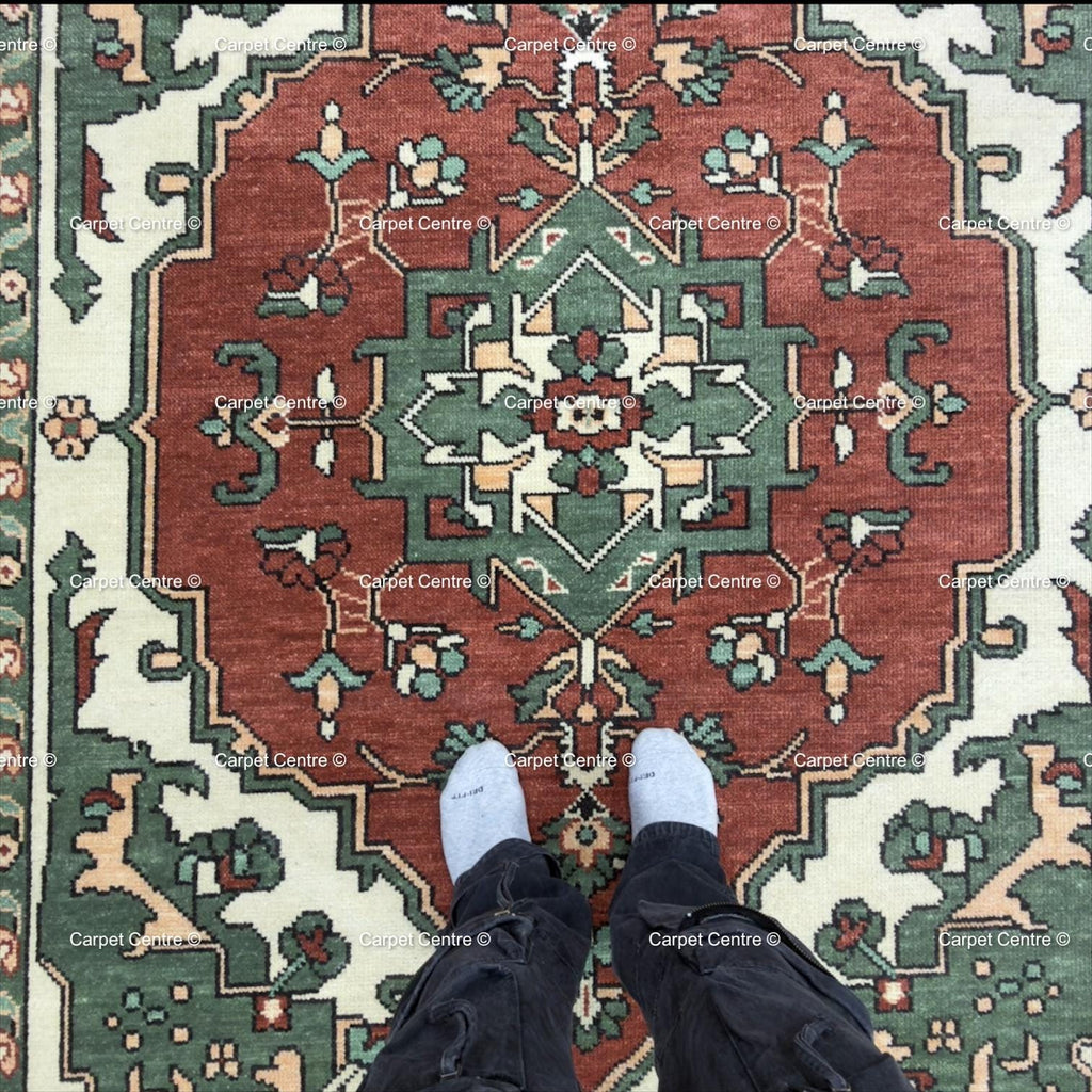 Hand Knotted Kazak Wool Area Oriental Geometric Green and Rust Carpet
