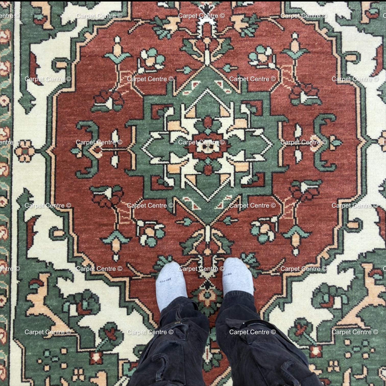 Hand Knotted Kazak Wool Area Oriental Geometric Green and Rust Carpet