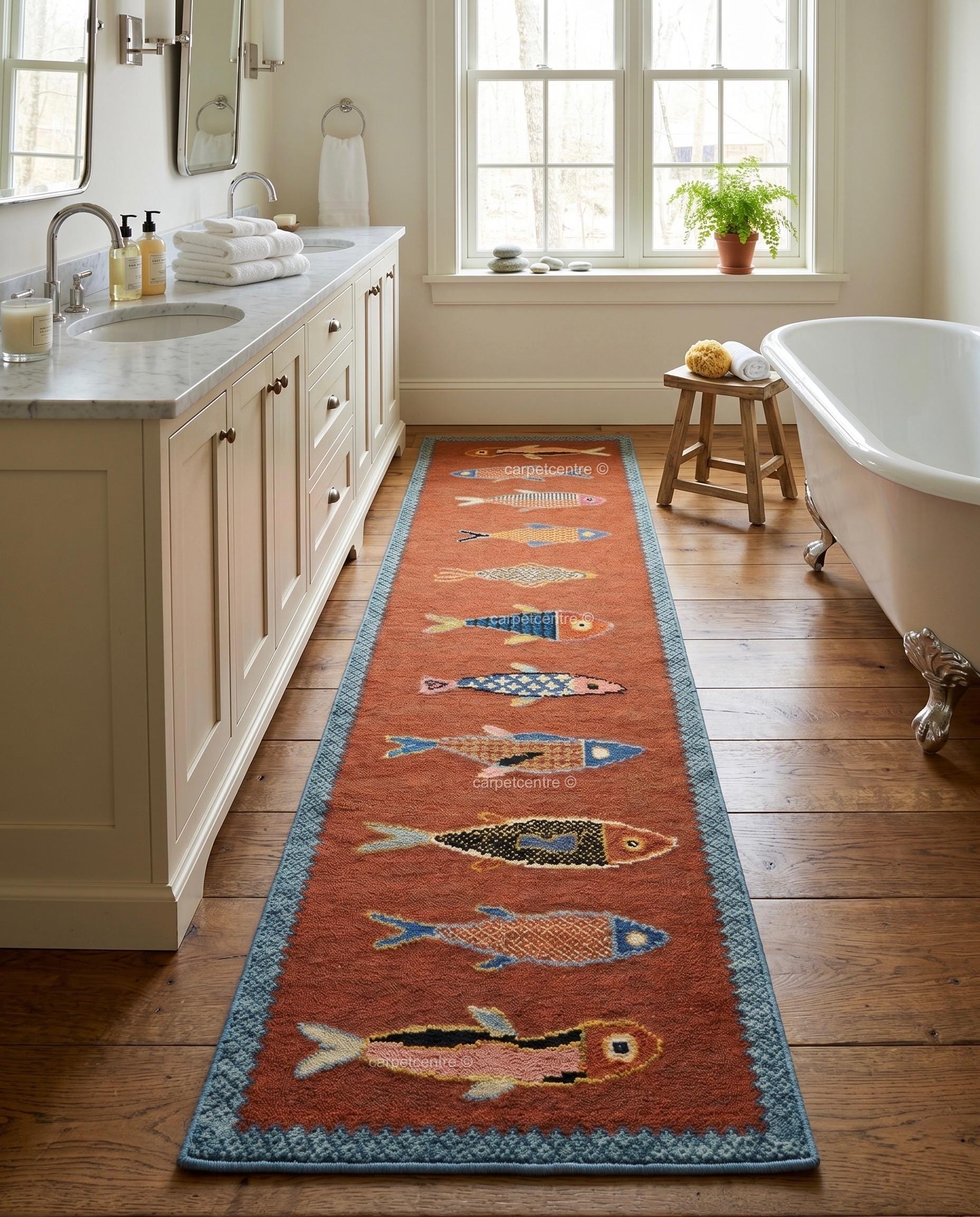 Hand-Knotted Wool Fish Runner Rug: Oushak Pictorial Coastal Style Area Carpet