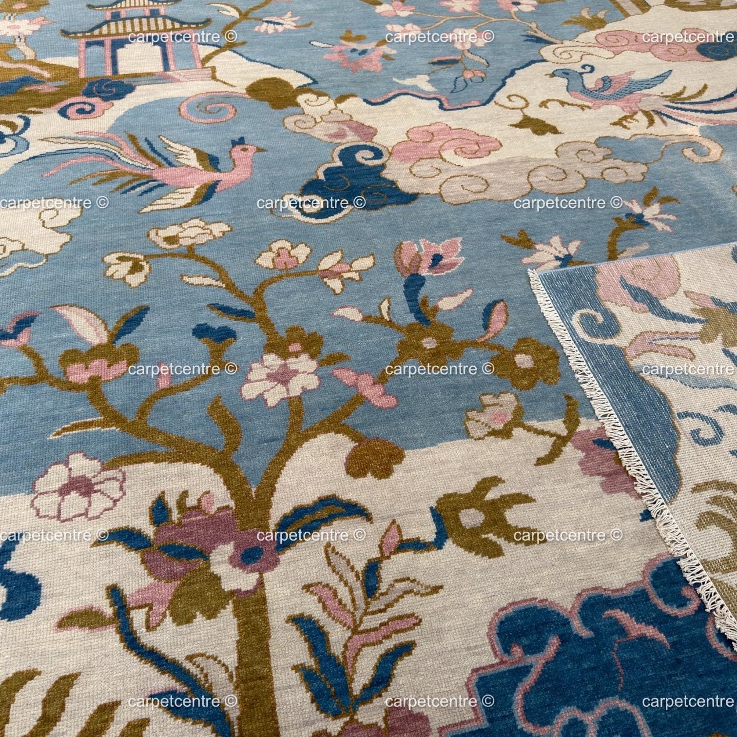 Sky Blue Chinoiserie Wool Rug,8x10 9x12 Hand-Knotted Turkish Living Room Bedroom Decor
