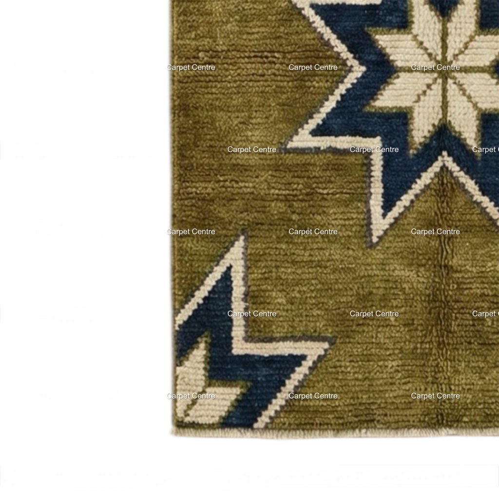 Olive Green Wool Runner Rug, Turkish Knot Star Pattern