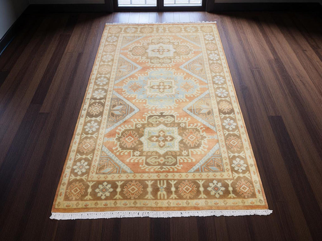 Hand Knotted Wool Rug, Terracotta Muted Orange Tribal Design, Vintage Style Carpet