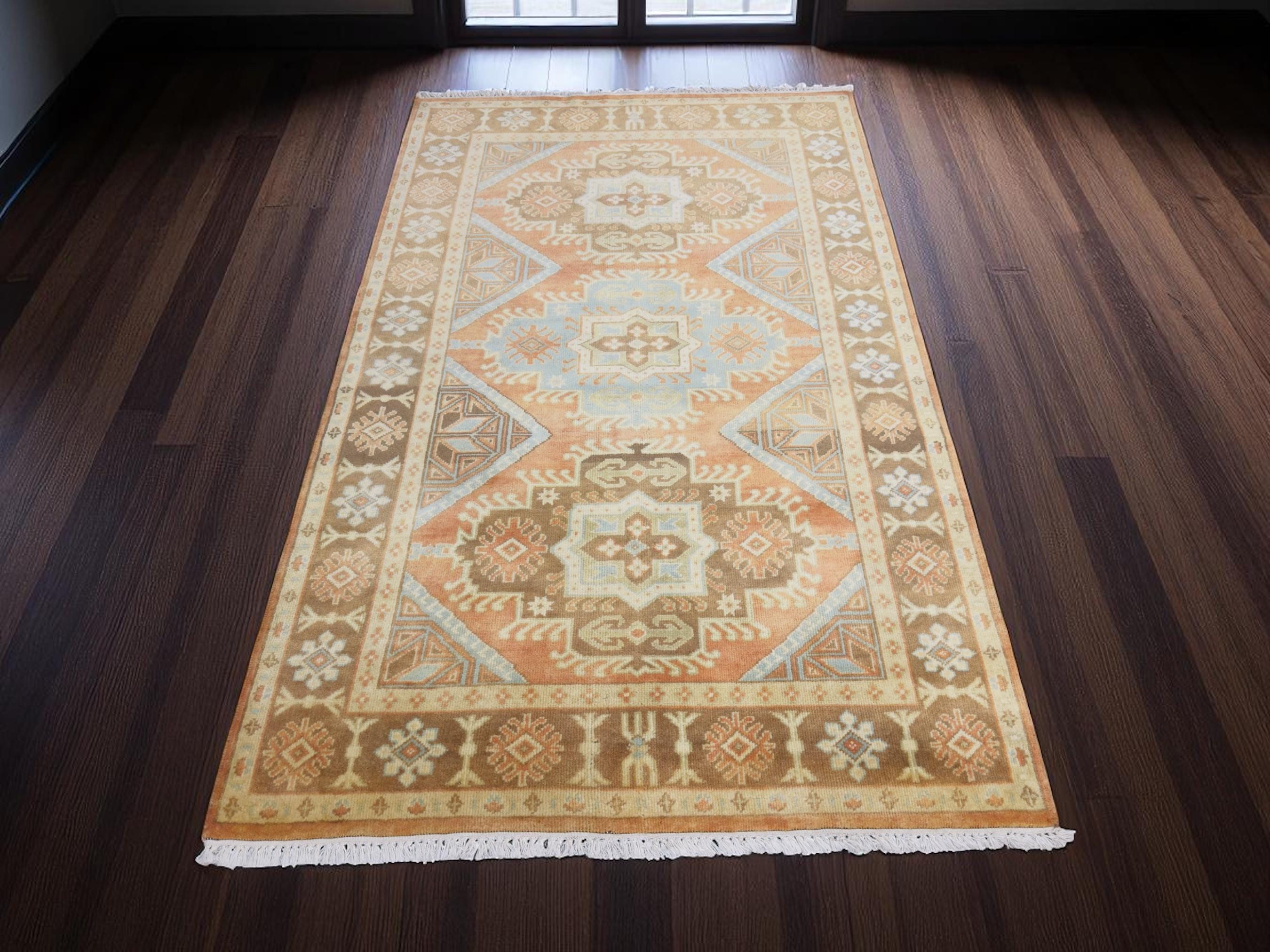 Hand Knotted Wool Rug, Terracotta Muted Orange Tribal Design, Vintage Style Carpet