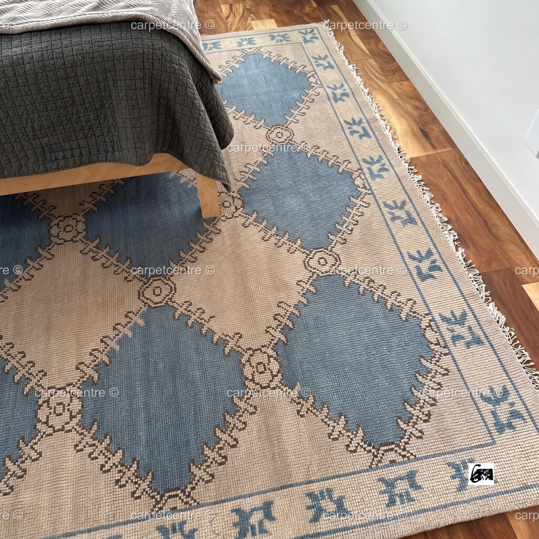 Hand Knotted Oushak Rug, Olive Green Geometric New Zealand Wool Area Rug