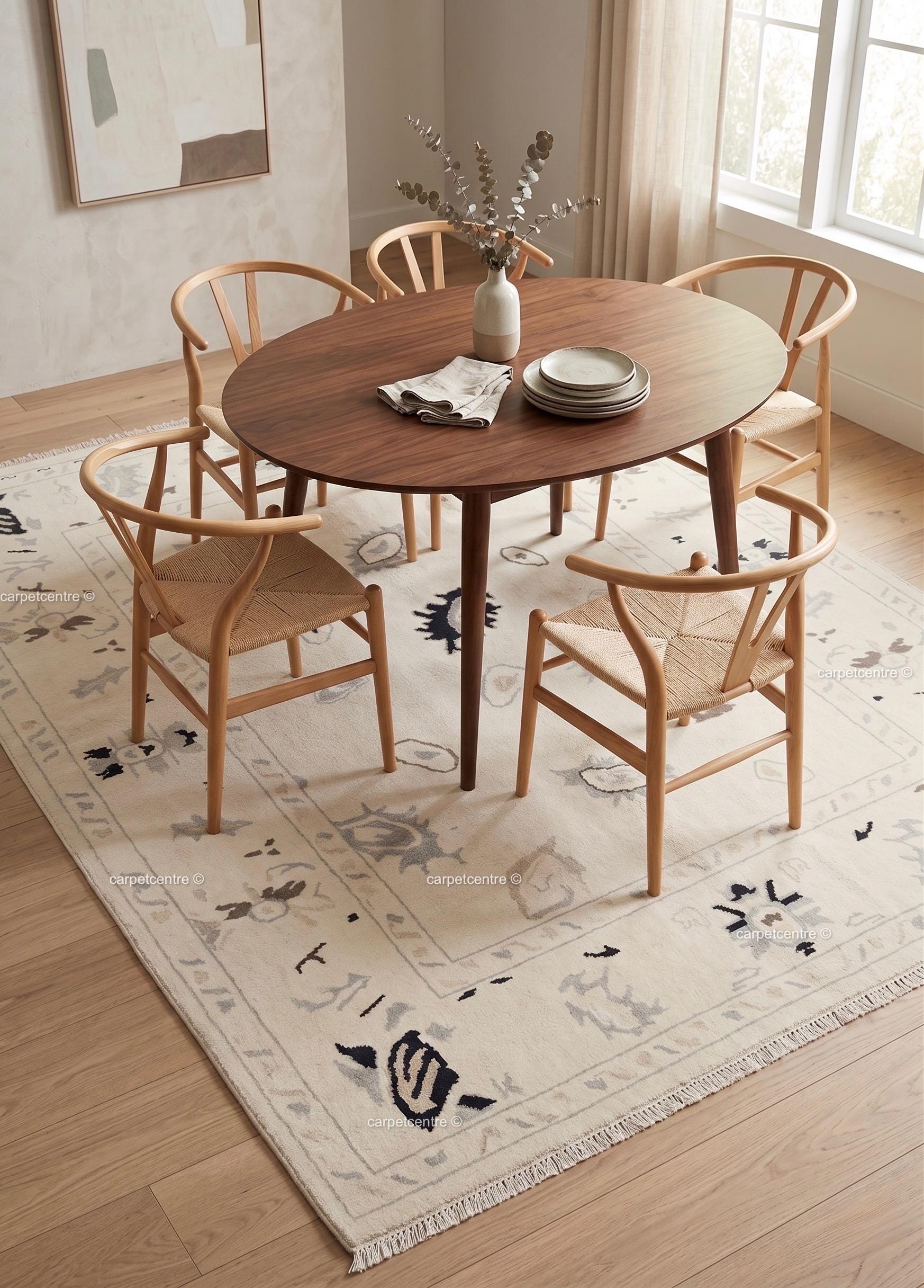 Neutral Oushak Rug | Hand-Knotted Wool Geometric Turkish Area Rug, Boho Decor