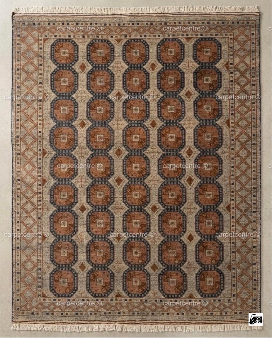Vintage Oushak Rug, Rust Blue Geometric Hand Knotted Wool Turkish Carpet