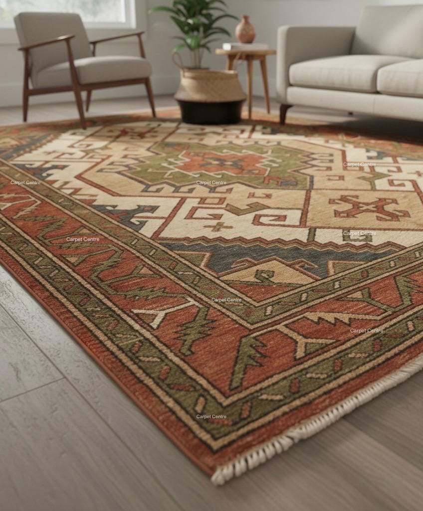 Hand-Knotted Oushak Wool Rug, Rust Terracotta Olive Green, Geometric Tribal Design
