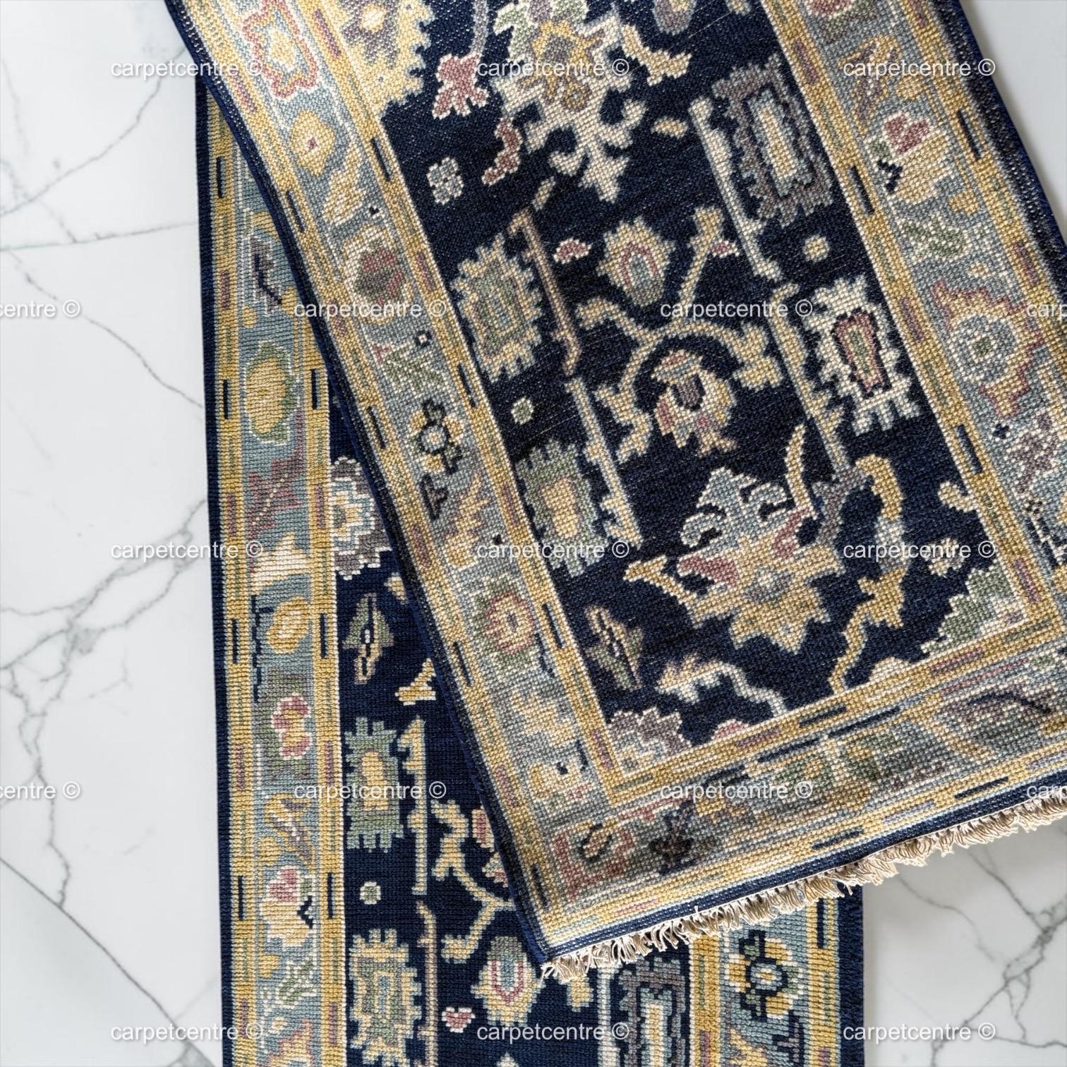 Handmade Navy Blue Oushak Runner Rug | Floral Hallway Entryway Wool Rug