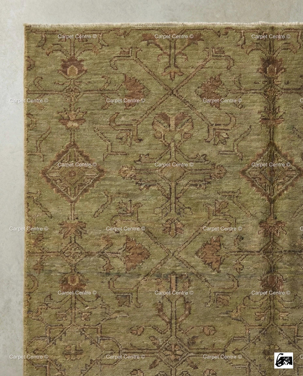 Hand Knotted Wool Oushak Rug, Muted Olive Green Geometric Carpet