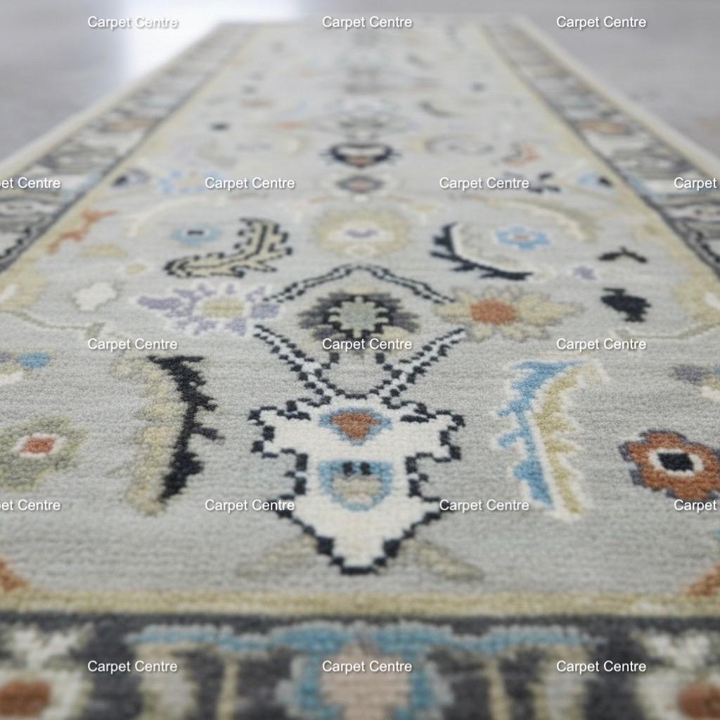 Hand-Knotted Oushak Wool Runner Rug: Neutral Sage Green Medallion Design