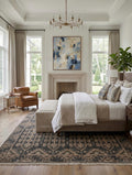 Hand Knotted Oushak Rug | Dark Grey Beige Geometric Tribal Wool Area Rug