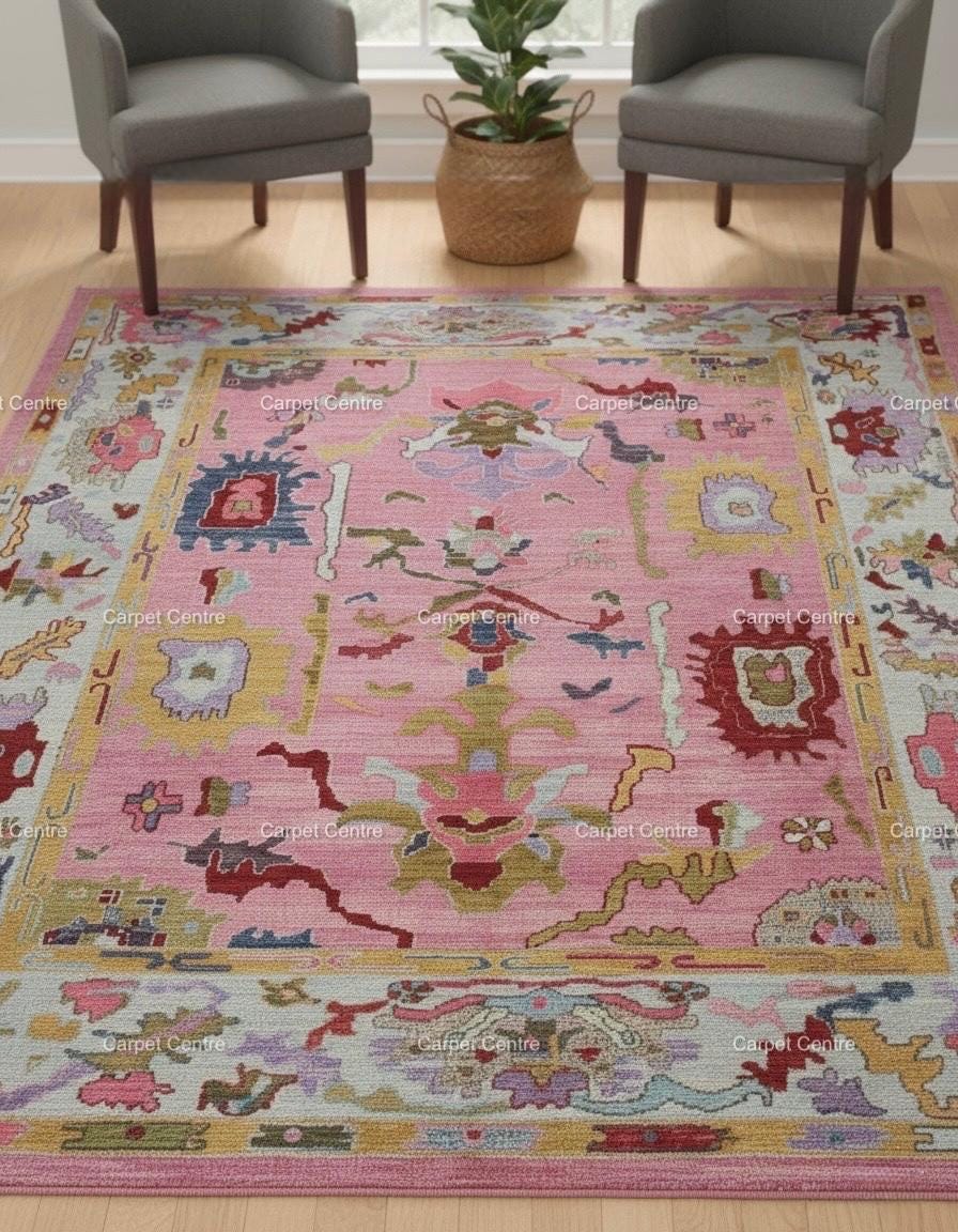 Pink Abstract Oushak Rug | Hand-Knotted Wool, Custom Sizes