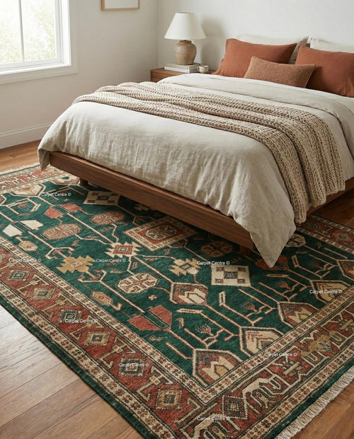 Green Hand Knotted Wool Oushak Rug – Turkish Vintage Tribal Decor