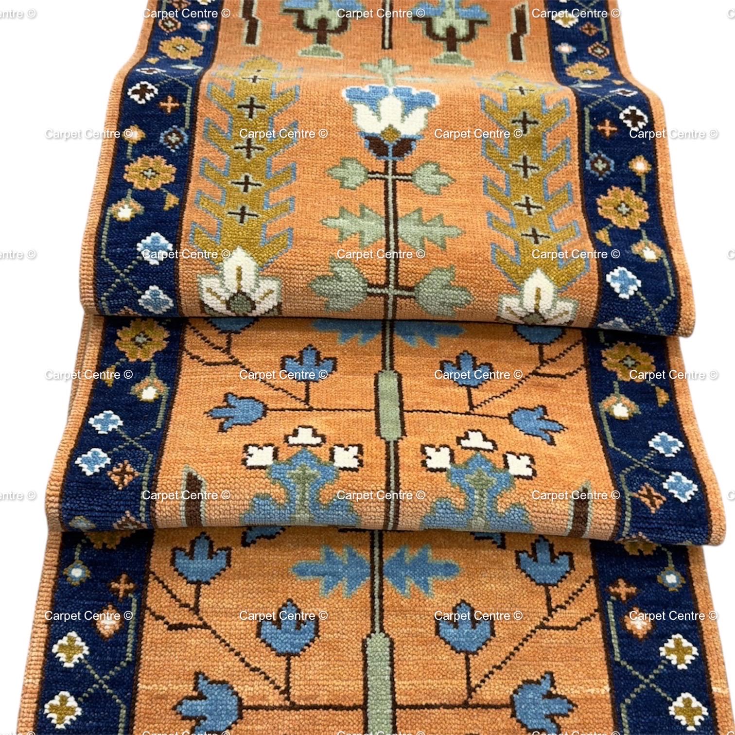 Hand-Knotted Terracotta Oushak Hallway Runner Rug, Handspun Wool Tree of Life, Navy Border