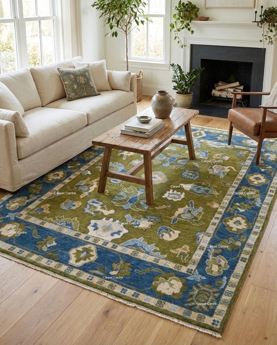 Hand Knotted Wool Oushak Rug, Olive Green, Navy Border