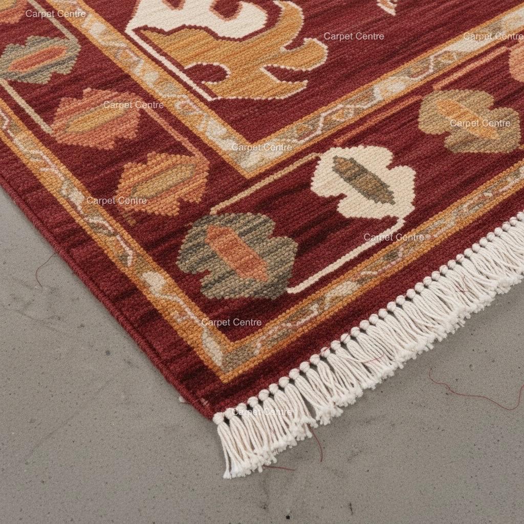 Handwoven Burgundy Oushak Wool Rug: Medallion Floral Design