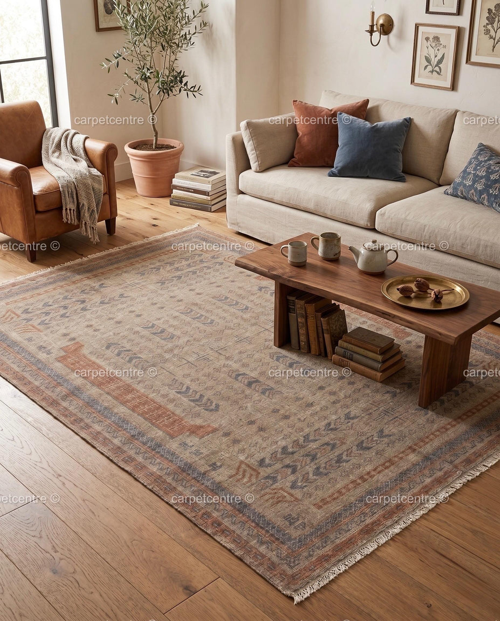 Hand Knotted Wool Oushak Rug | Geometric Tribal Boho Living Room Decor