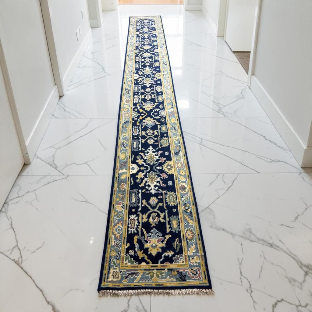 Handmade Navy Blue Oushak Runner Rug | Floral Hallway Entryway Wool Rug