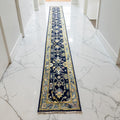 Handmade Navy Blue Oushak Runner Rug | Floral Hallway Entryway Wool Rug