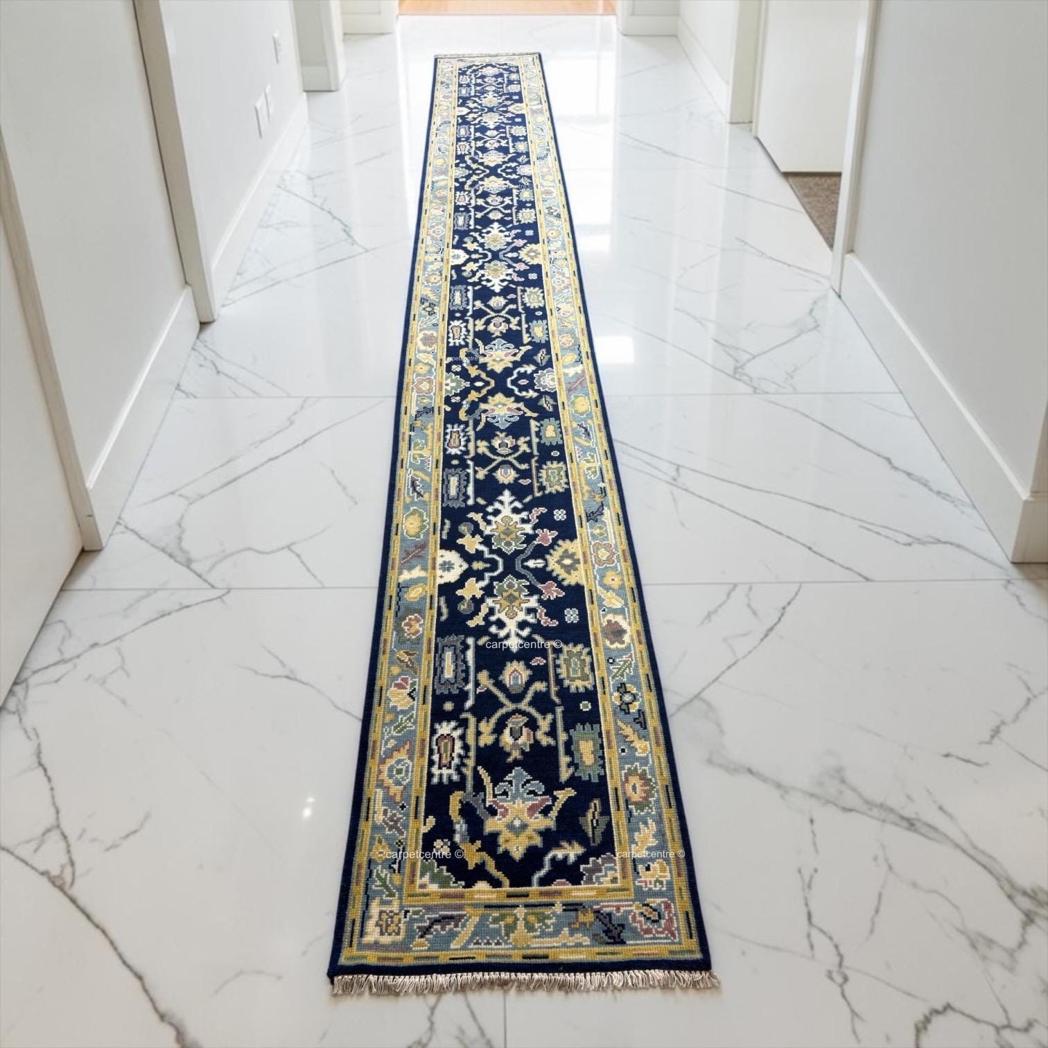 Handmade Navy Blue Oushak Runner Rug | Floral Hallway Entryway Wool Rug