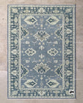 Muted Blue Oushak Rug | Vintage Geometric Turkish Wool Area Rug