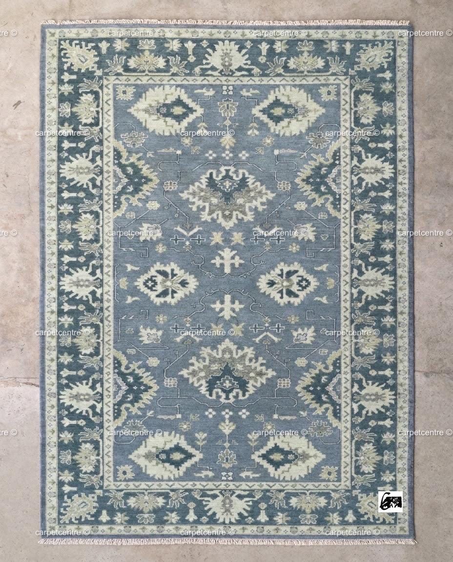 Muted Blue Oushak Rug | Vintage Geometric Turkish Wool Area Rug
