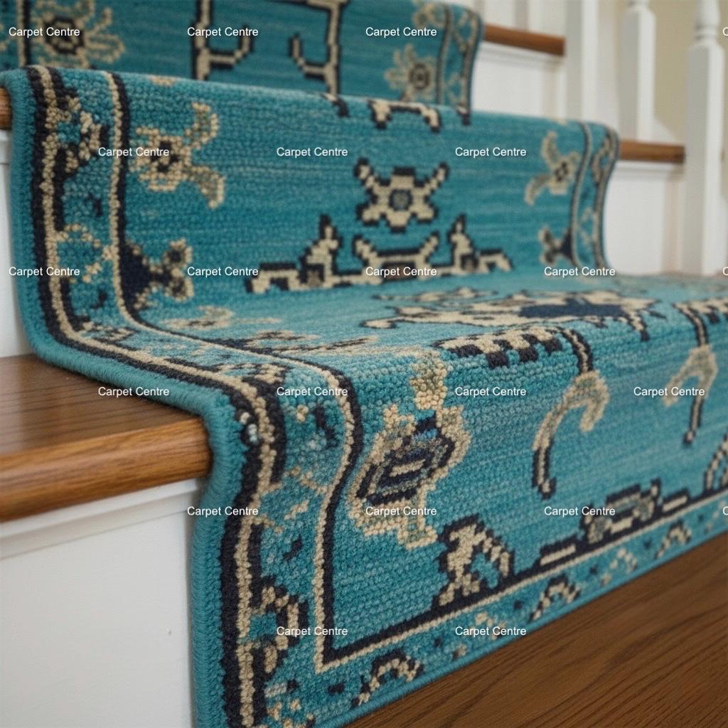 Teal Oushak Runner Rug, Hand-Knotted Wool, Tribal Geometric Design