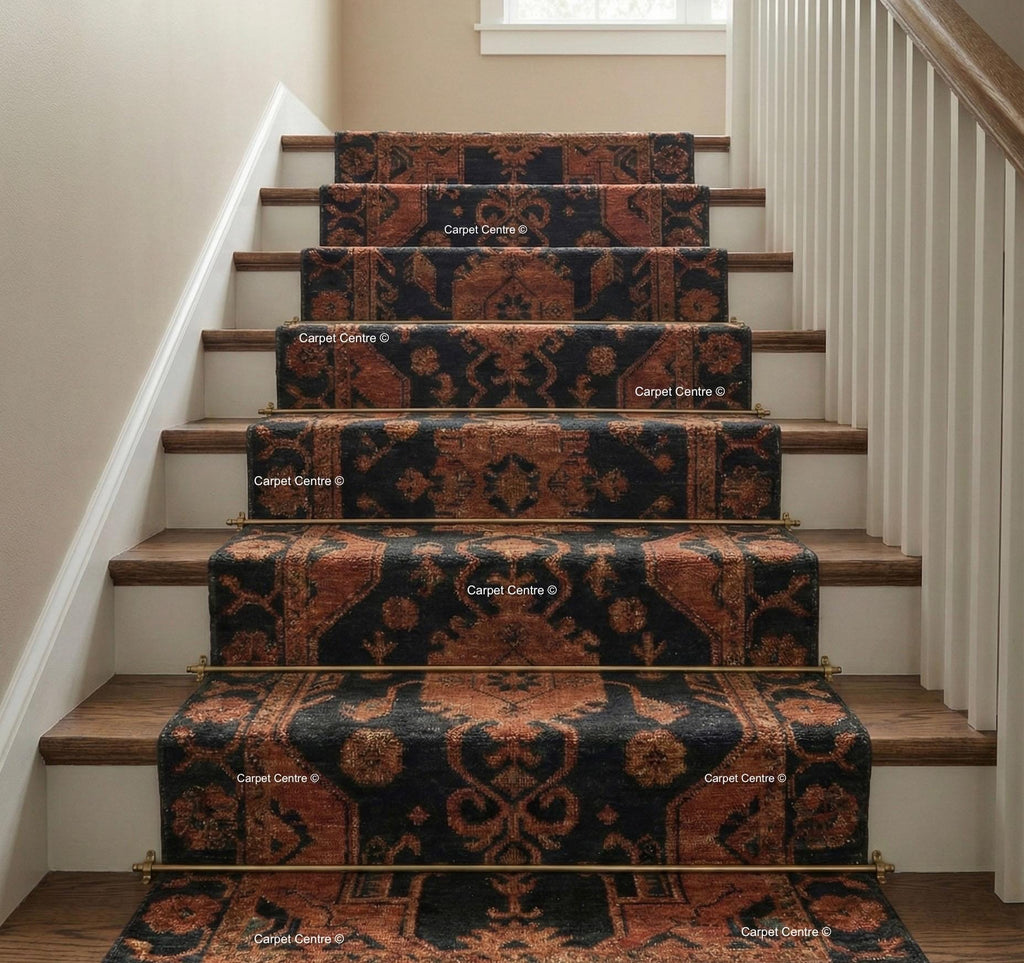 Hand Knotted Oushak Wool Runner, Black & Rust Geometric Hallway Rug