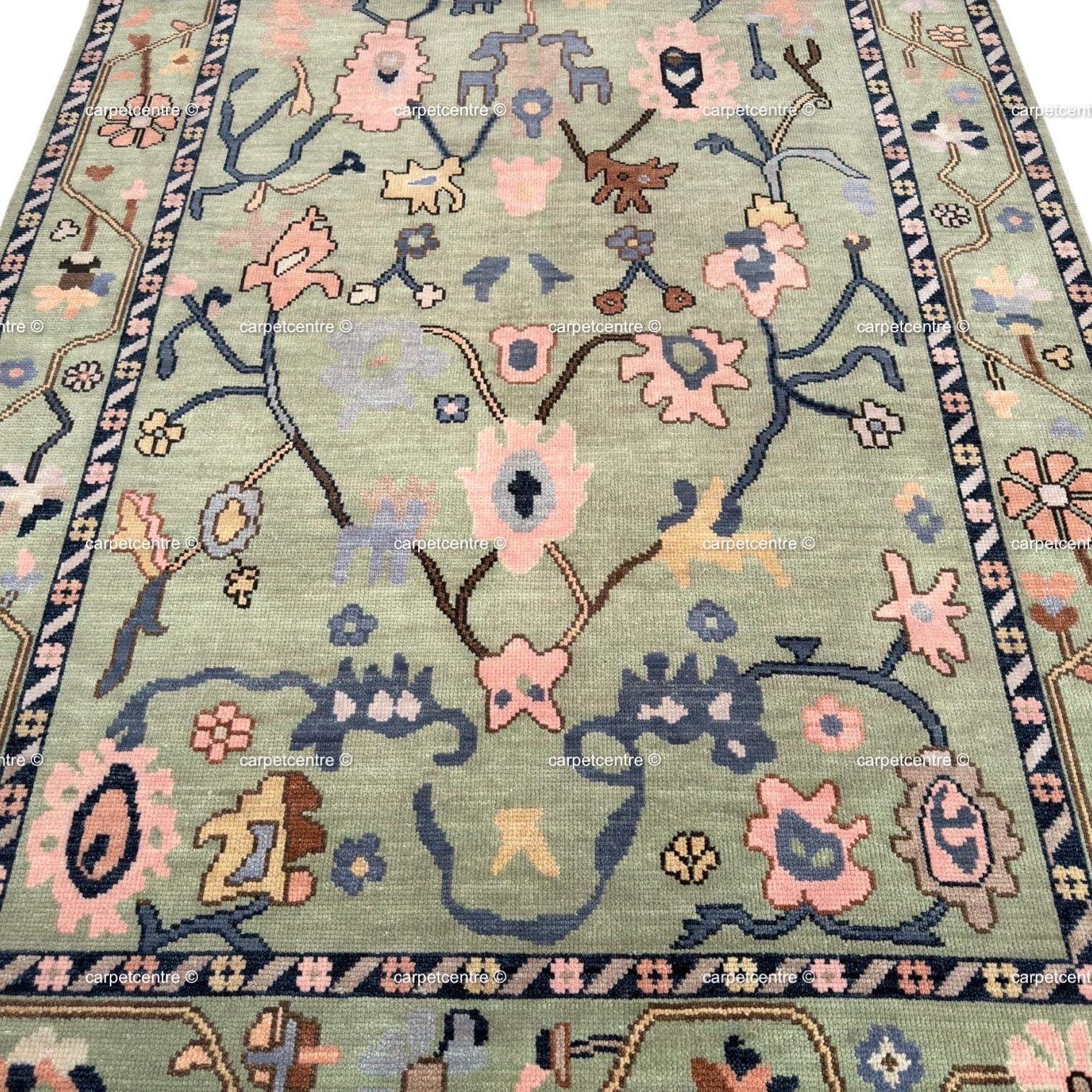Hand Knotted Sage Green Oushak Wool Rug, Floral Botanical Area Rug
