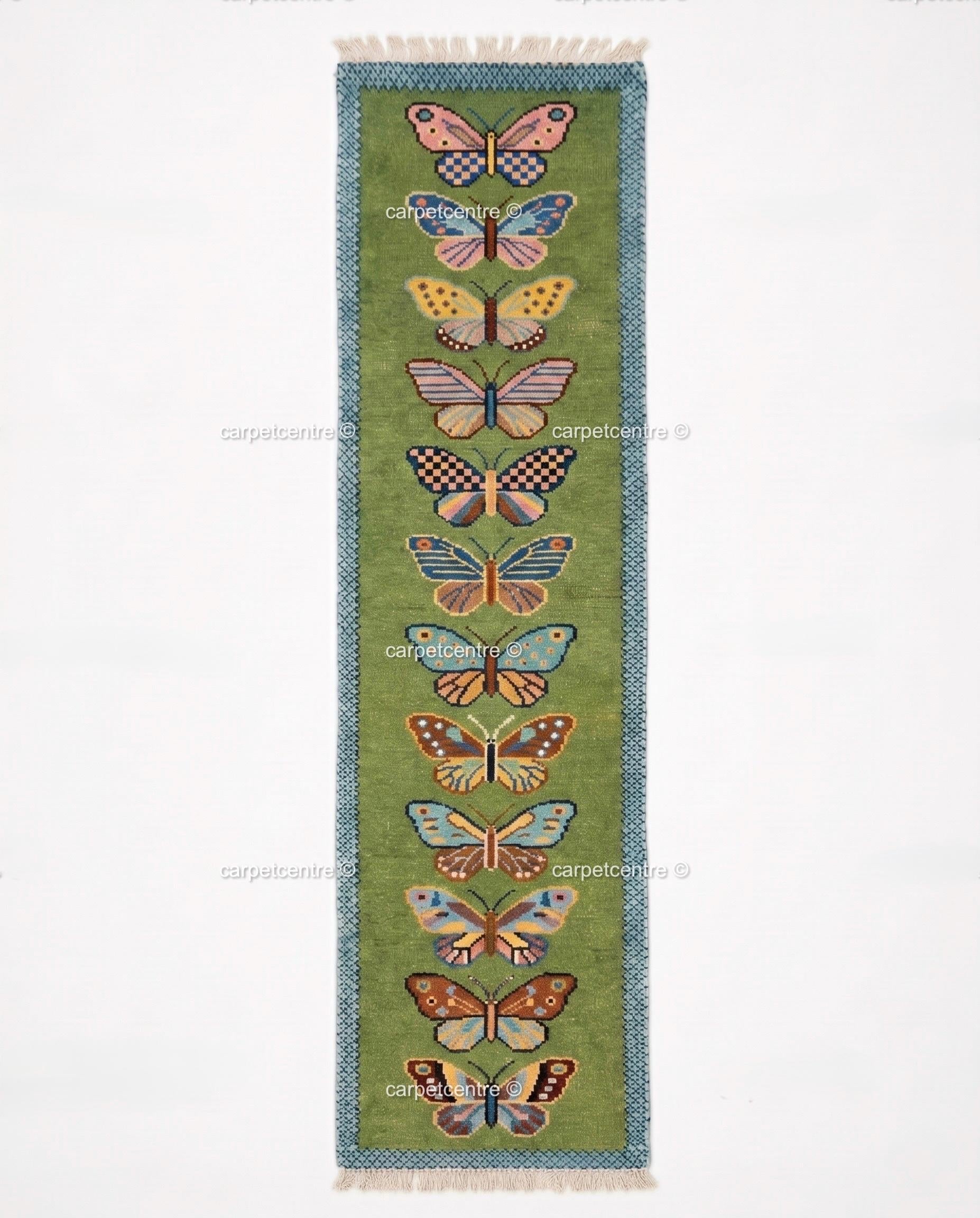 Handmade Wool Butterfly Runner Rug | Colorful Hallway Carpet, Custom Sizes